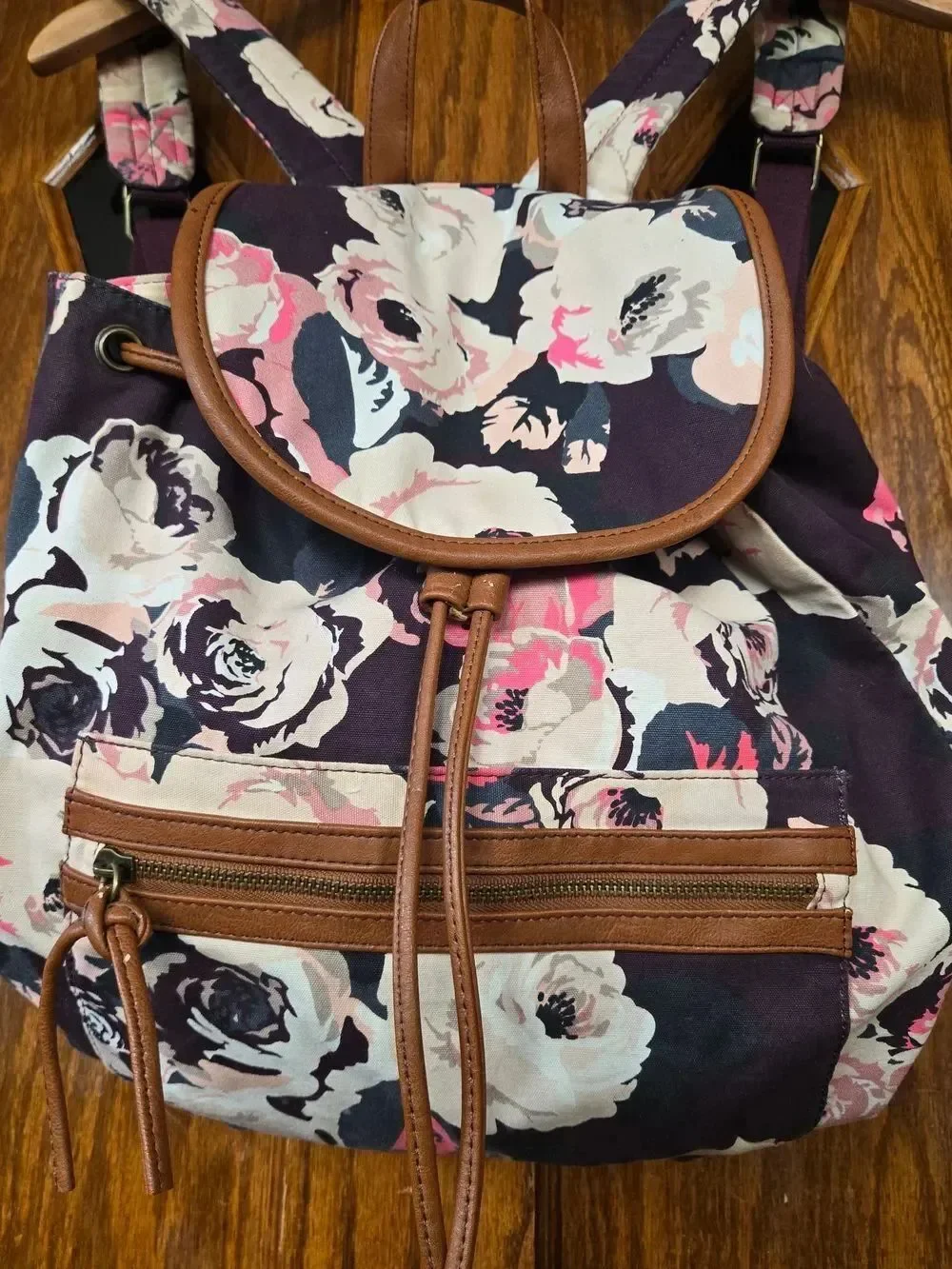 American Eagle Floral Canvas Drawstring Backpack with Pink & Cream Blooms